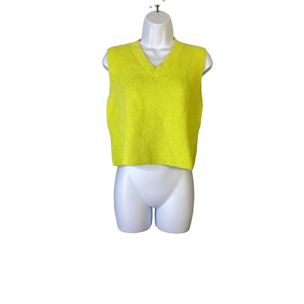 Zara Womens Knit Neon Yellow Vest Sweater V-neck Cropped Size Small